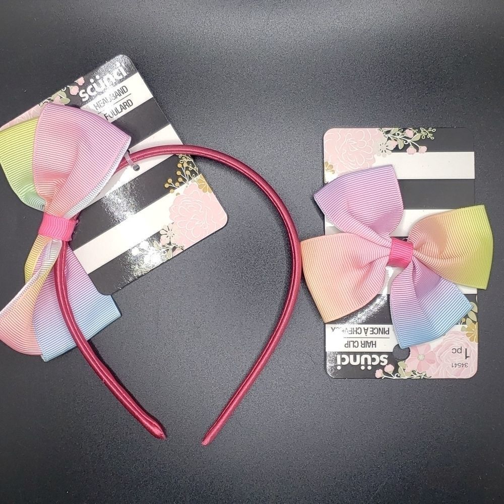 SCUNCI pink headband with rainbow bow with hair clip bow NWT